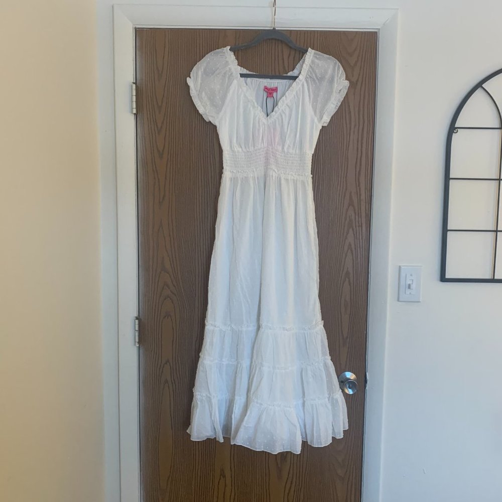 NWT BETSEY JOHNSON Cotton Clip Dot Sweetheart Midi Dress | White | Size S